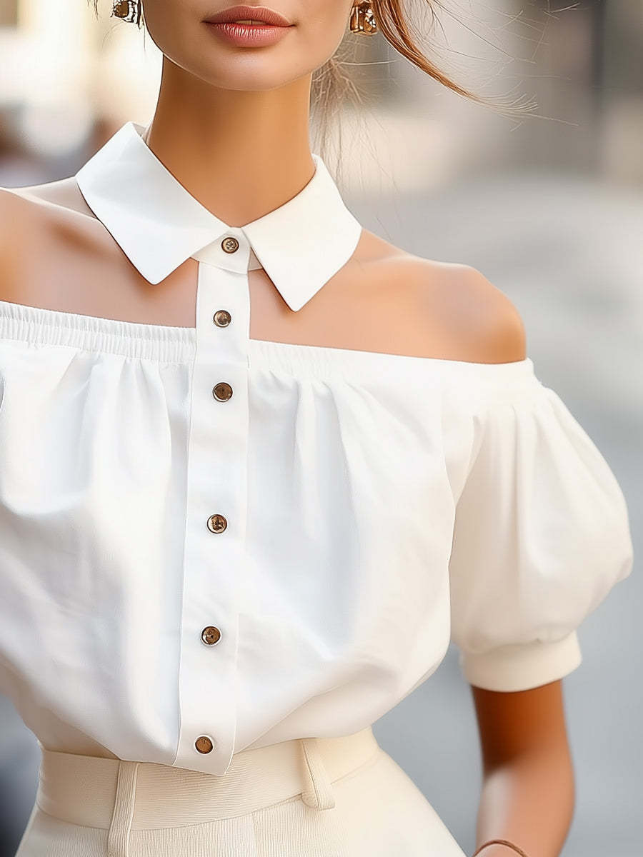 Chic Off-Shoulder Button-Up Blouse with Statement Collar MollyBoo