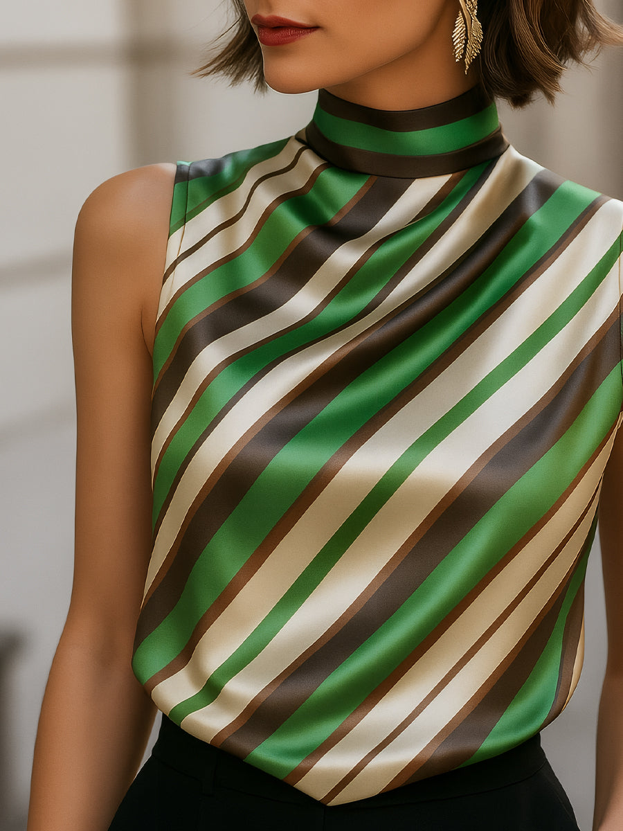 Striped Satin High-Neck Sleeveless Blouse MollyBoo