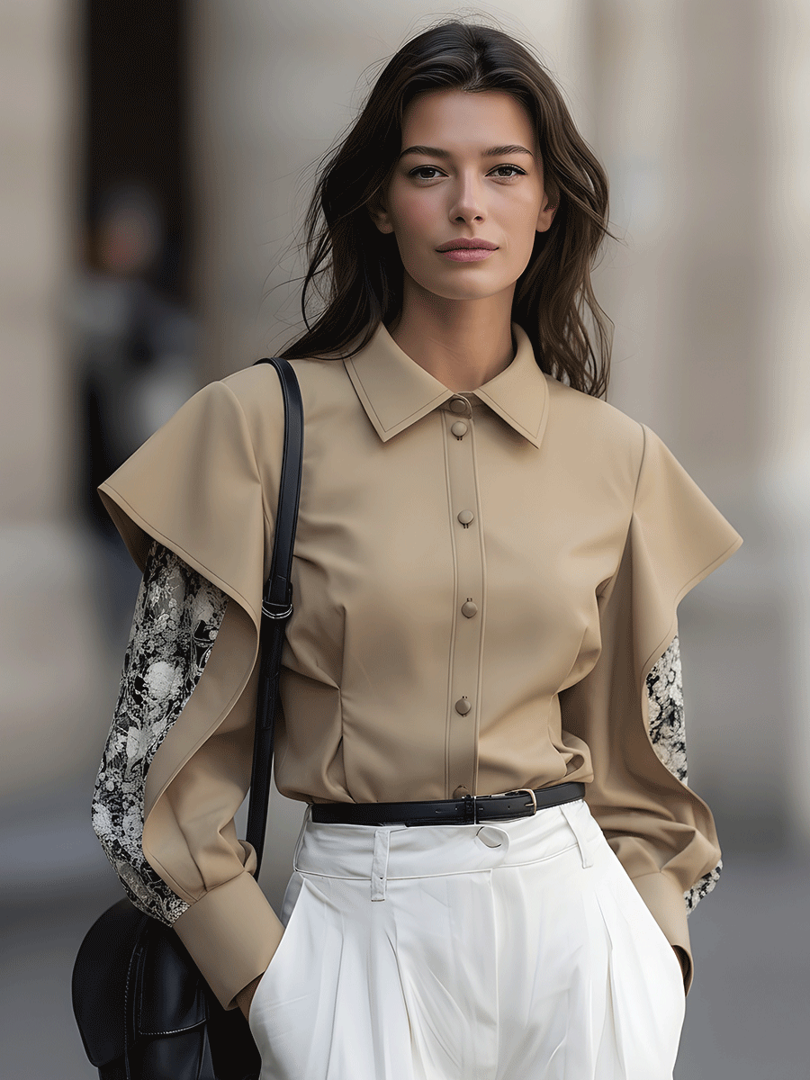 Taupe Button-Down Blouse With Draped Overlay Sleeves And Floral Contrast MollyBoo
