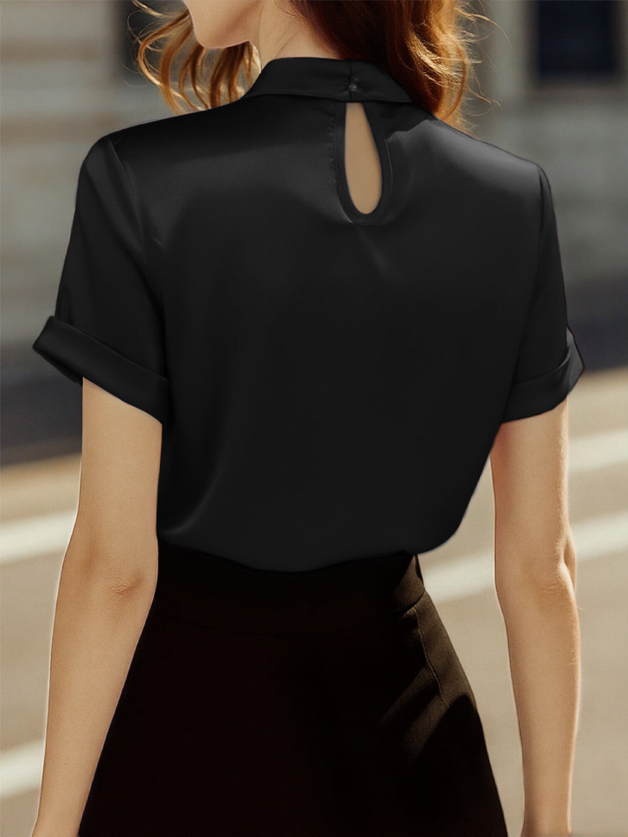 Sophisticated White Satin Blouse with Modern Keyhole Neckline MollyBoo