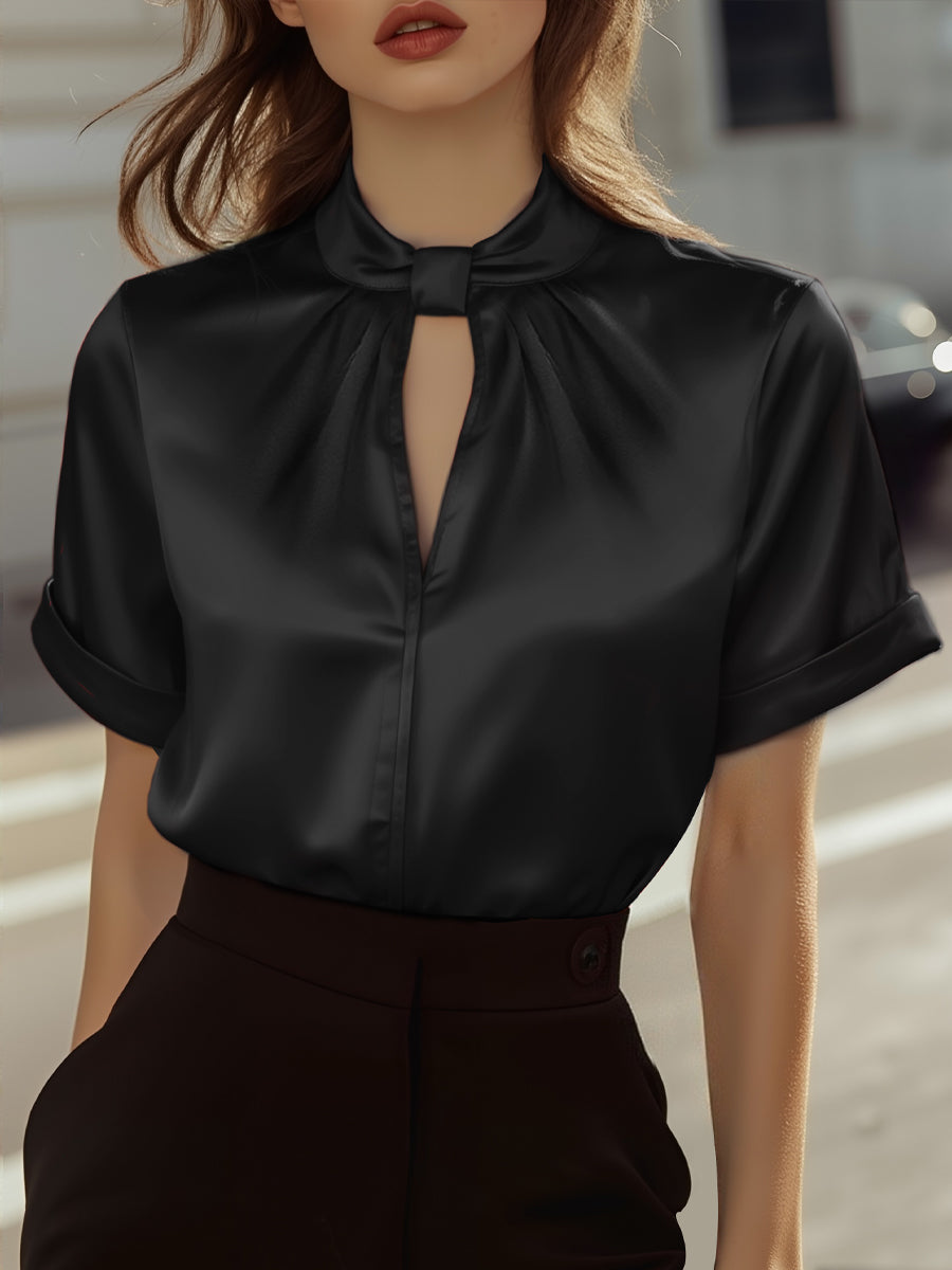 Sophisticated White Satin Blouse with Modern Keyhole Neckline MollyBoo