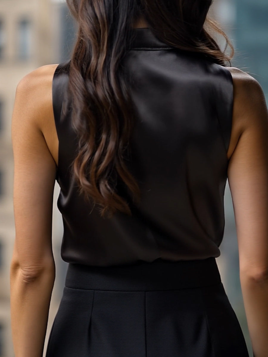 Black Satin High Neck Sleeveless Blouse MollyBoo