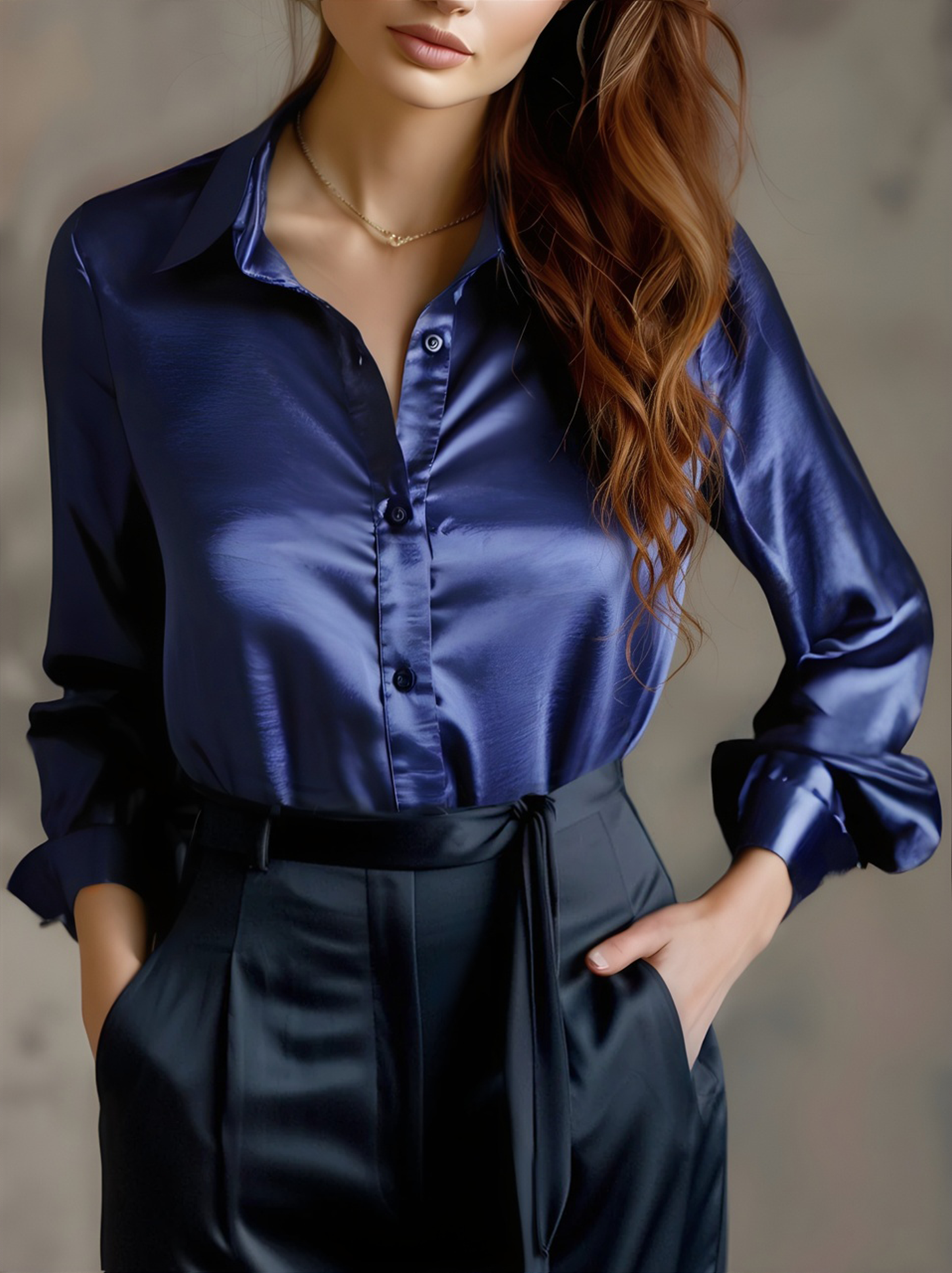 Elegant Black Satin Long Sleeves Blouse MollyBoo