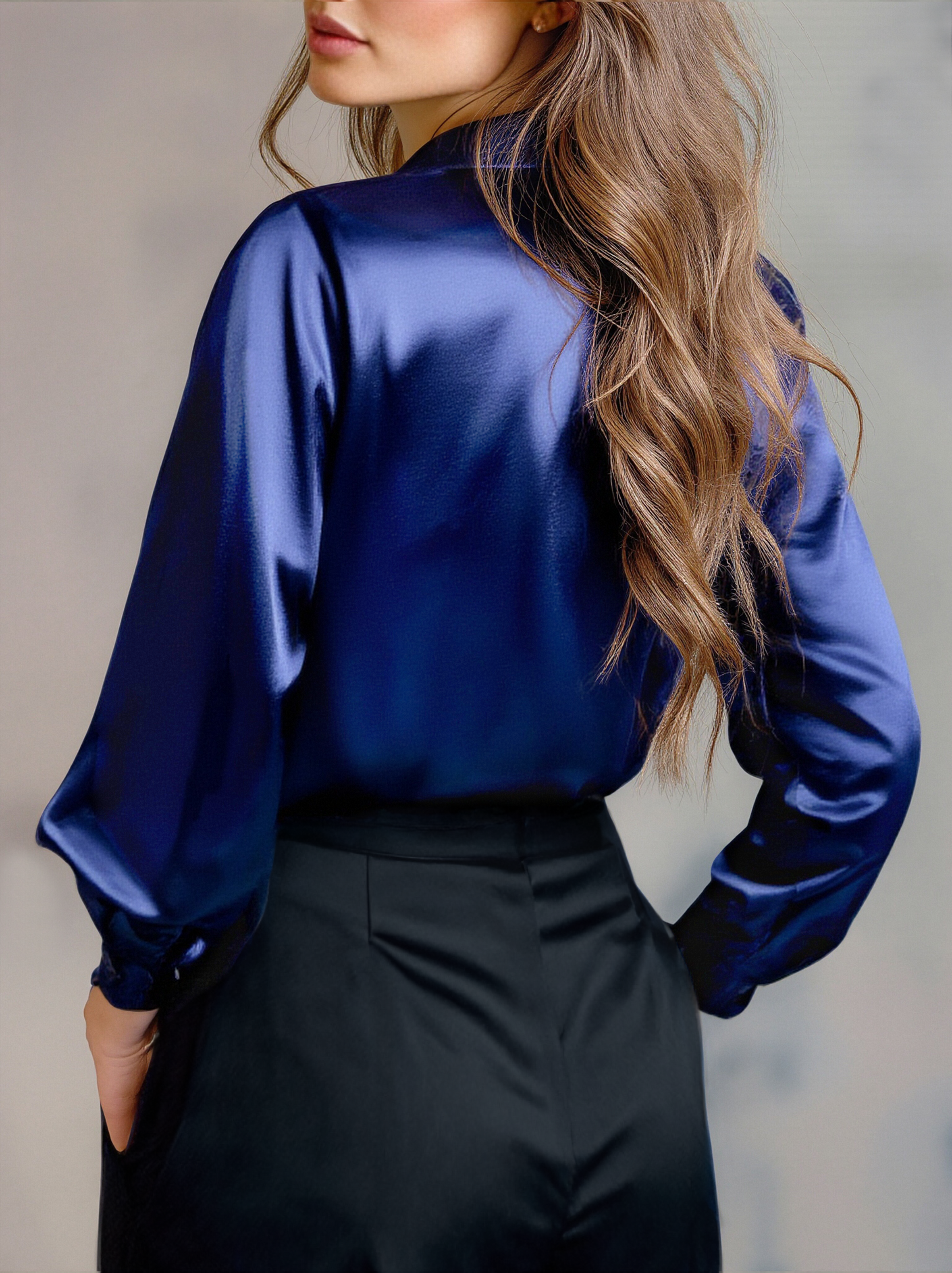 Elegant Black Satin Long Sleeves Blouse MollyBoo
