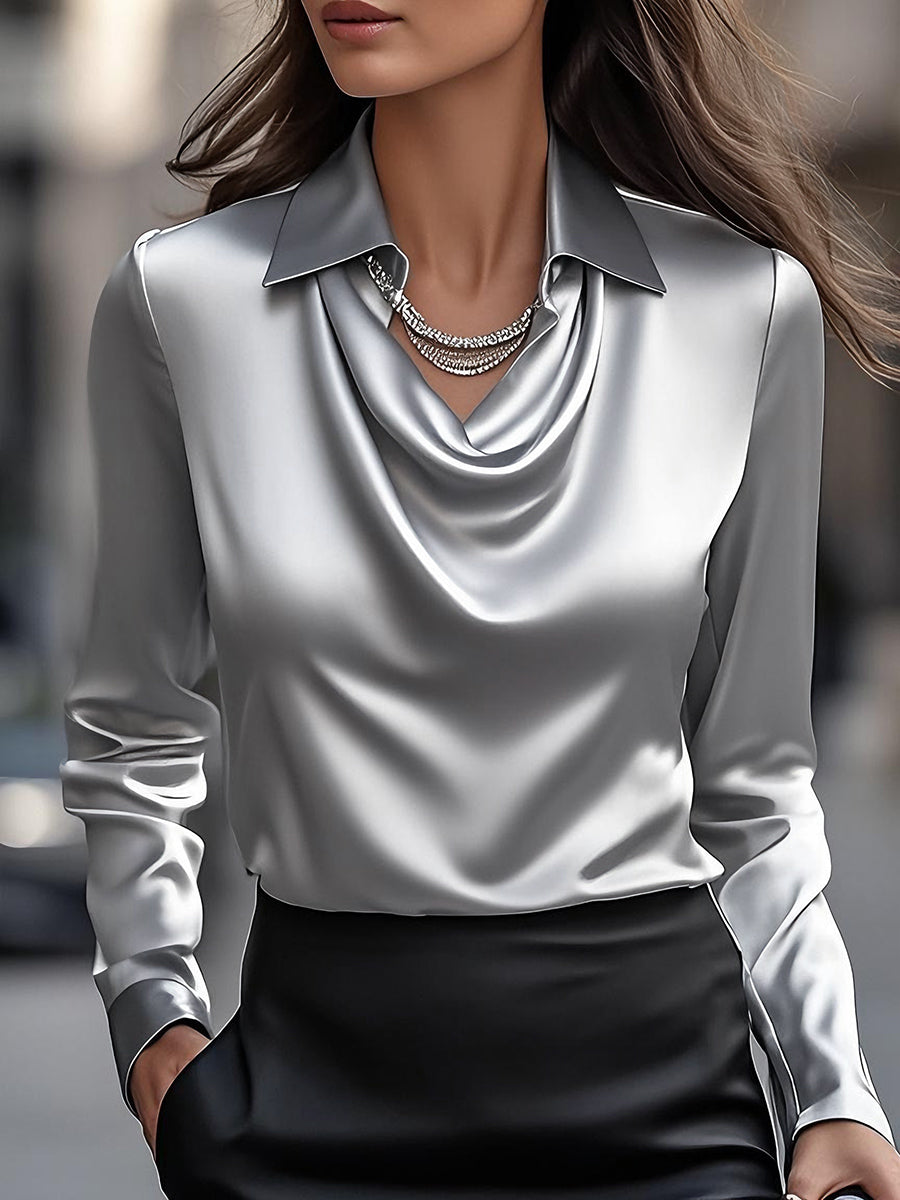 Elegant White Satin Blouse with Draped Neckline MollyBoo