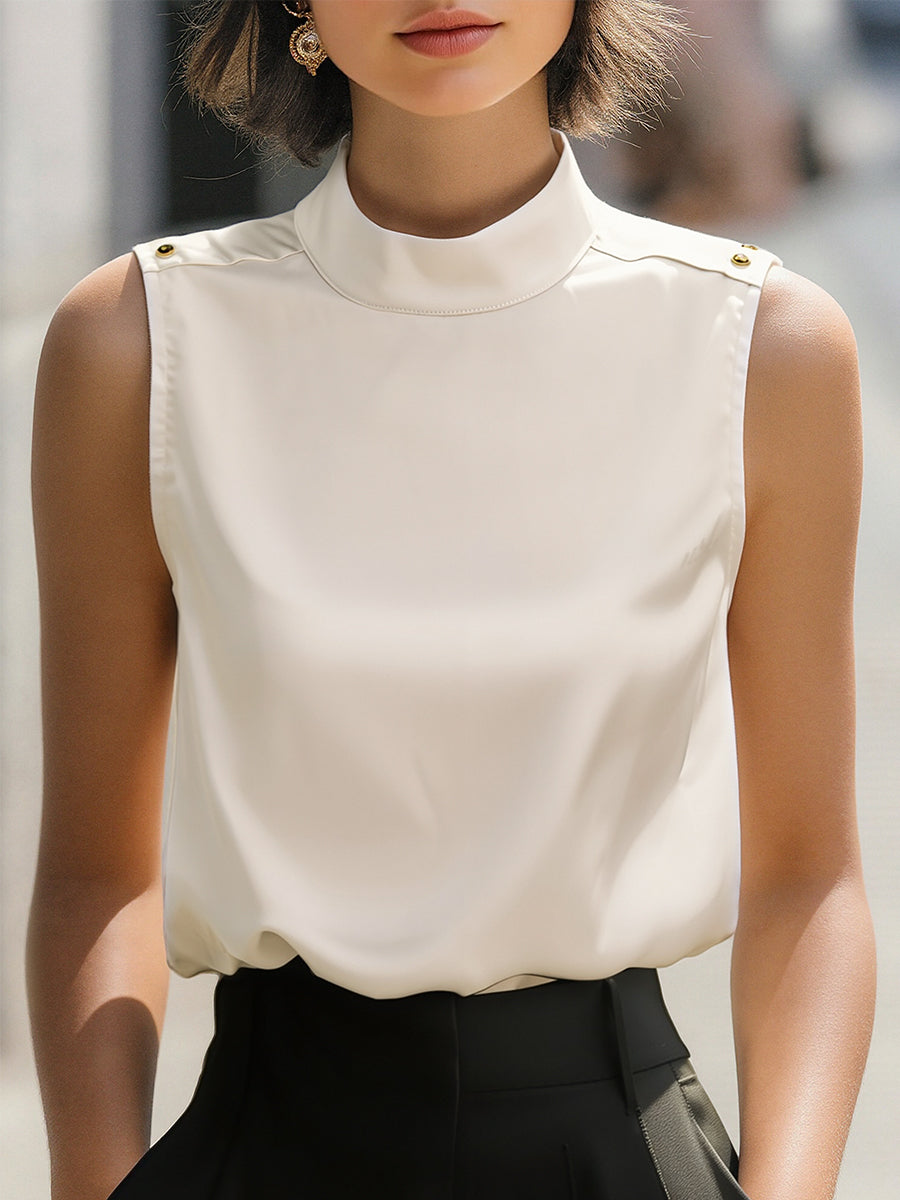 Elegant Ivory High-Neck Sleeveless Satin Blouse MollyBoo