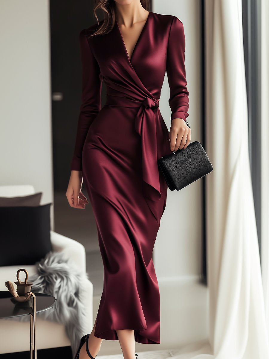 Timeless Burgundy Satin Wrap Dress with Waist Tie Detail MollyBoo