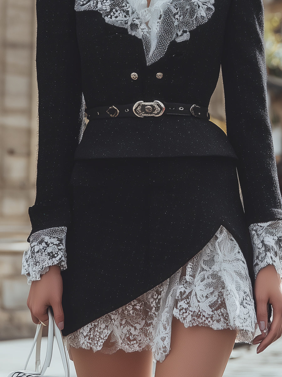 Black Lace-Trimmed Tweed Mini Skirt Suit With Belted Waist MollyBoo