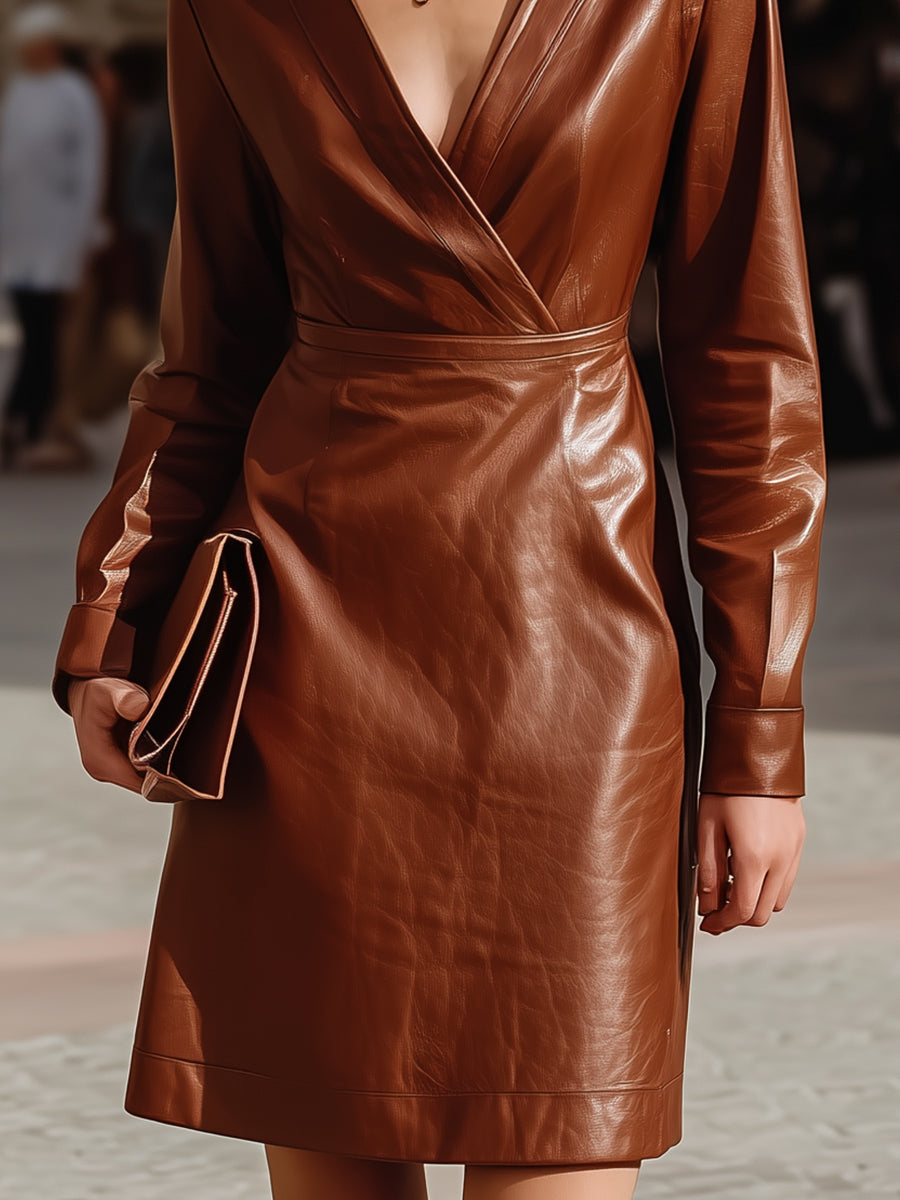 Chic Brown Faux Leather Wrap Dress MollyBoo