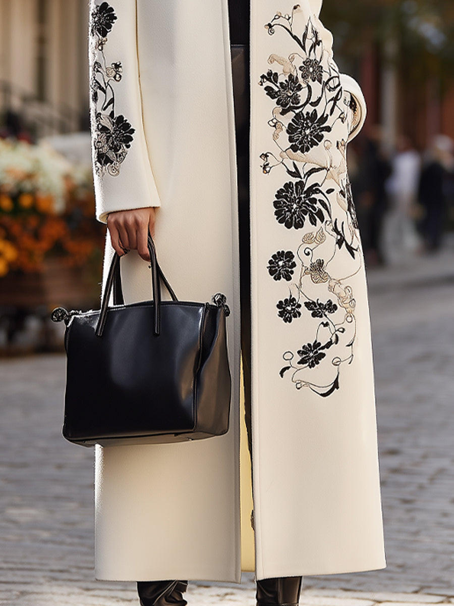 Ivory Longline Coat With Black Floral Embroidery MollyBoo