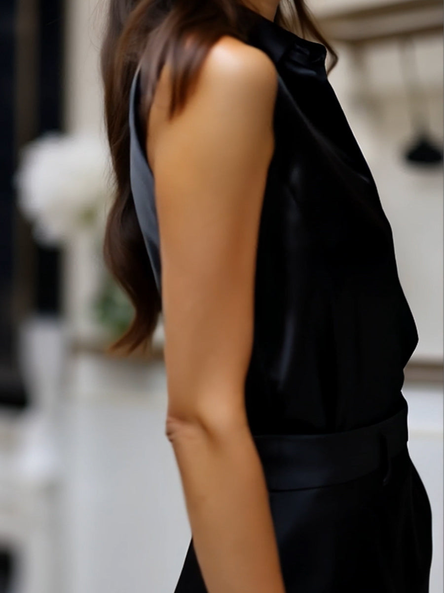 Sleek Black Satin Sleeveless Blouse MollyBoo