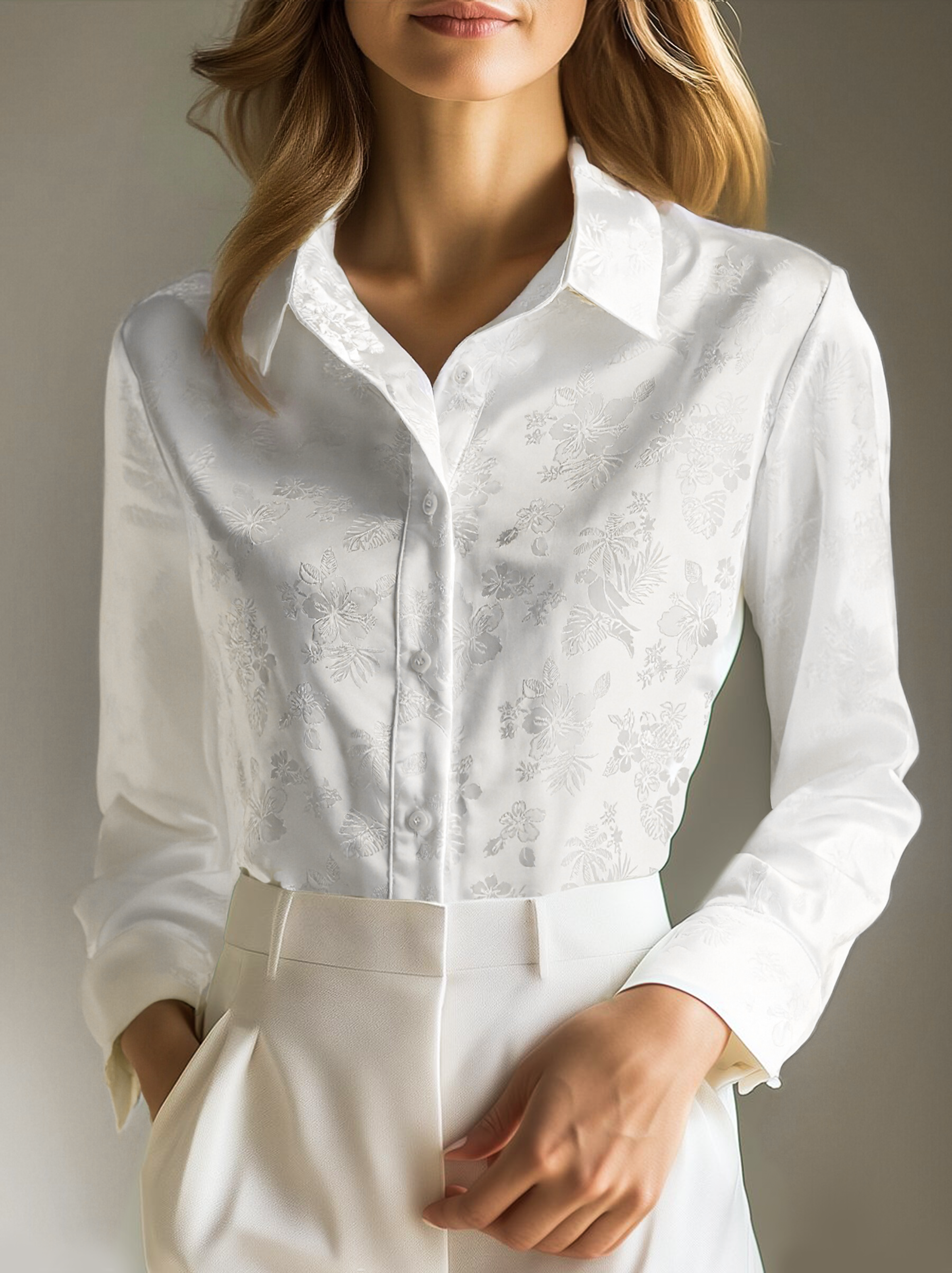 Elegant Ivory Satin Jacquard Shirt MollyBoo