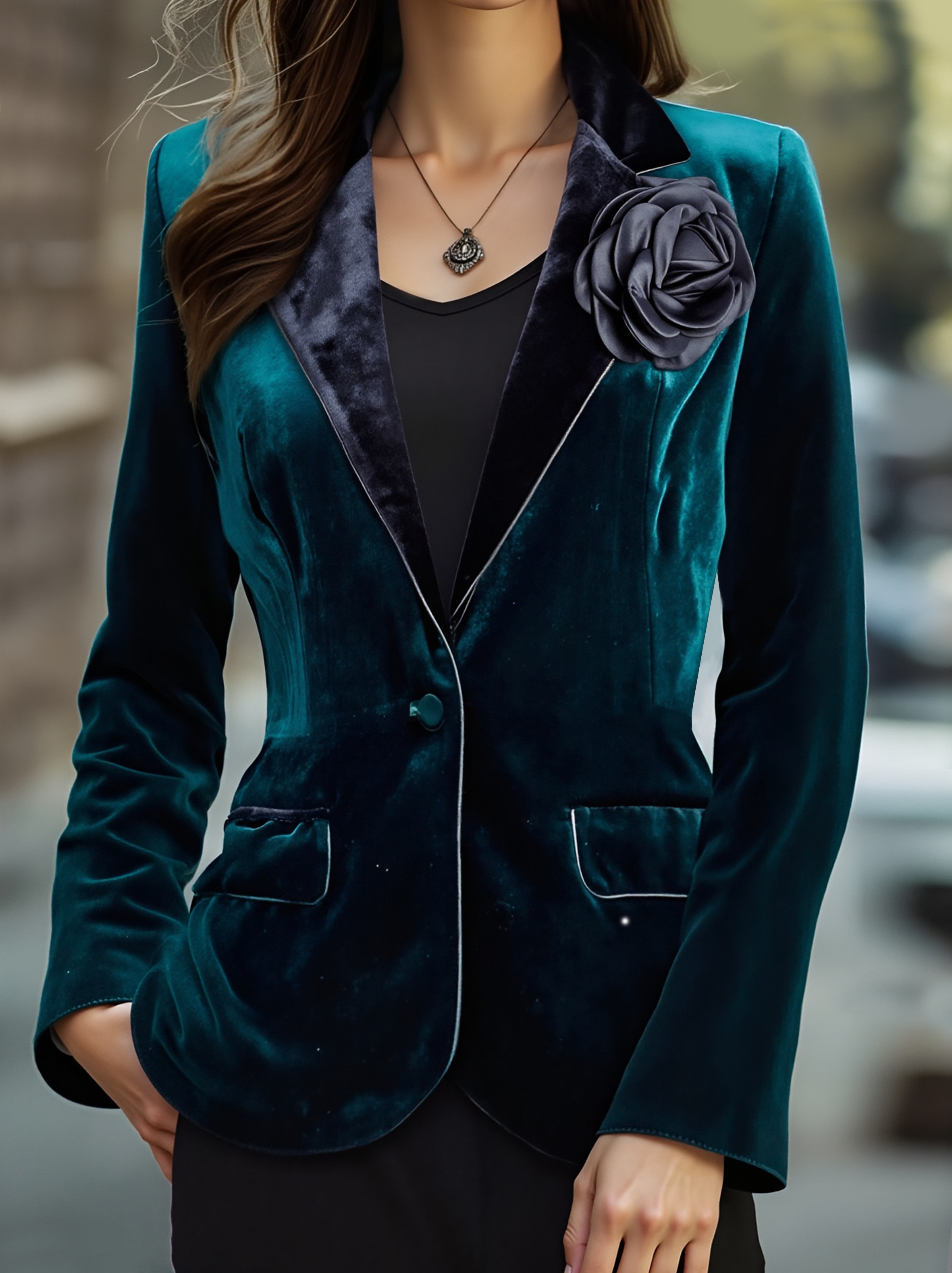 Emerald Velvet Blazer with Satin Lapels and Rose Embroidery MollyBoo