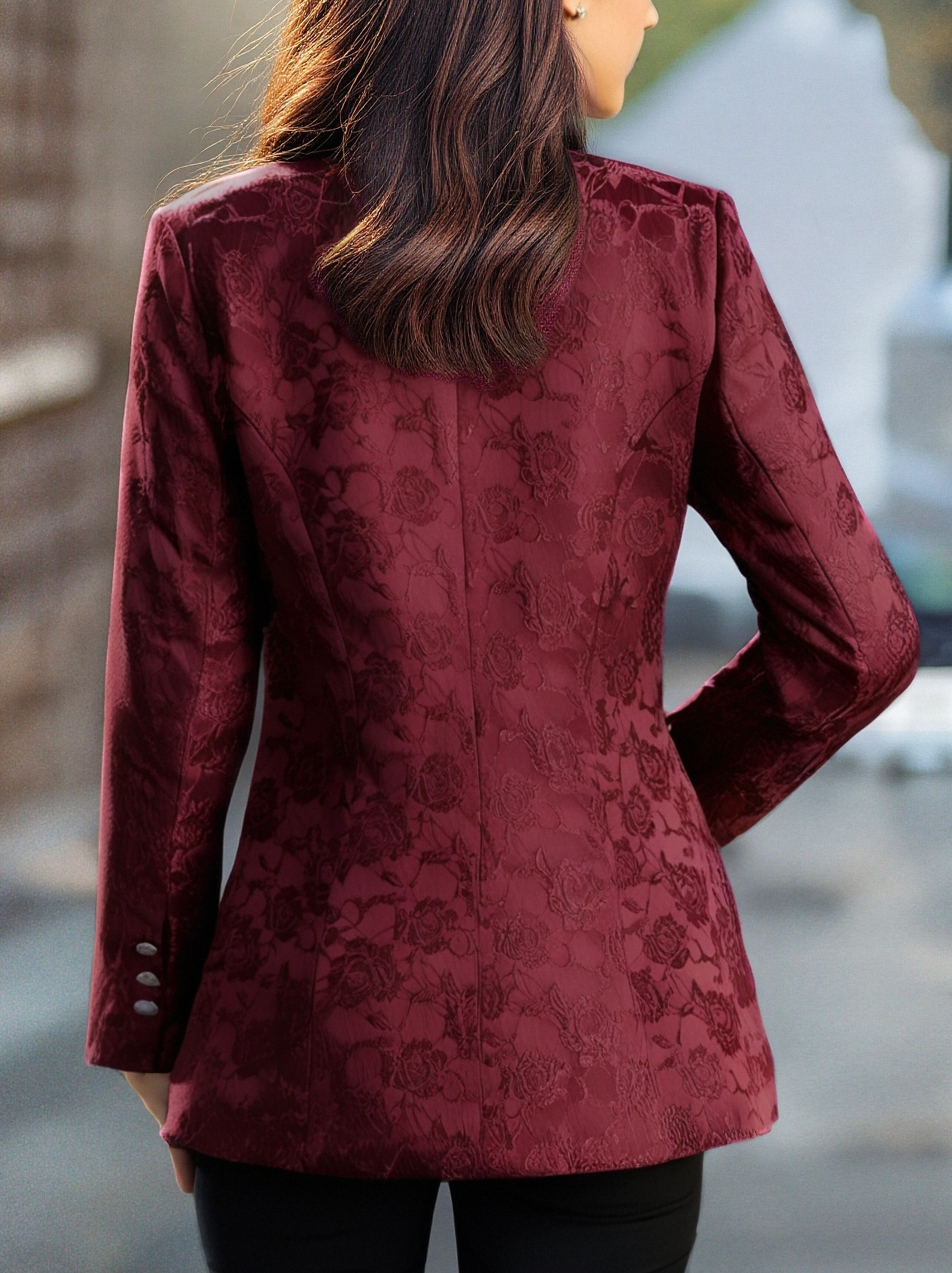Burgundy Floral Jacquard Single-Breasted Blazer MollyBoo
