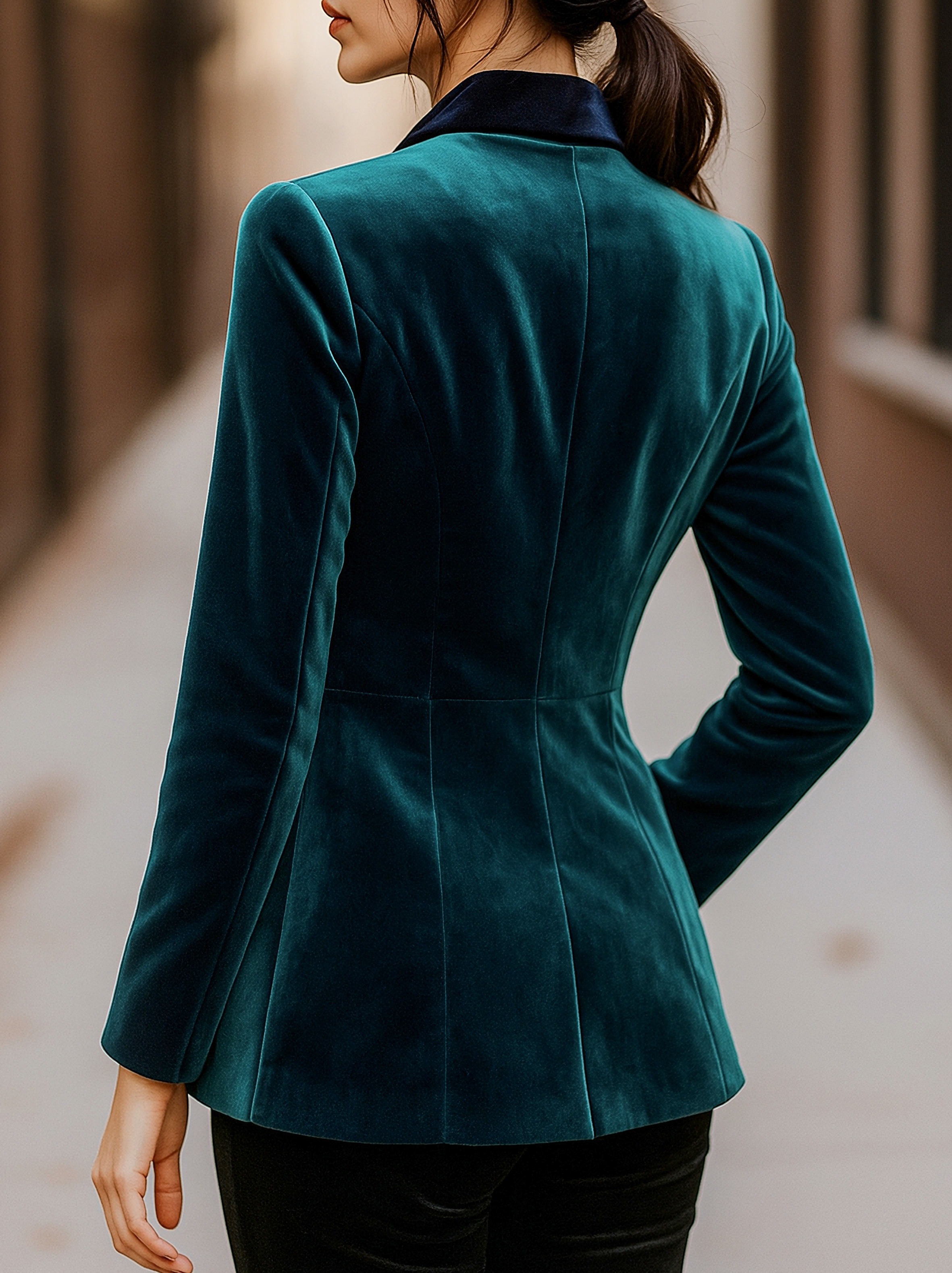 Emerald Velvet Blazer with Satin Lapels and Rose Embroidery MollyBoo