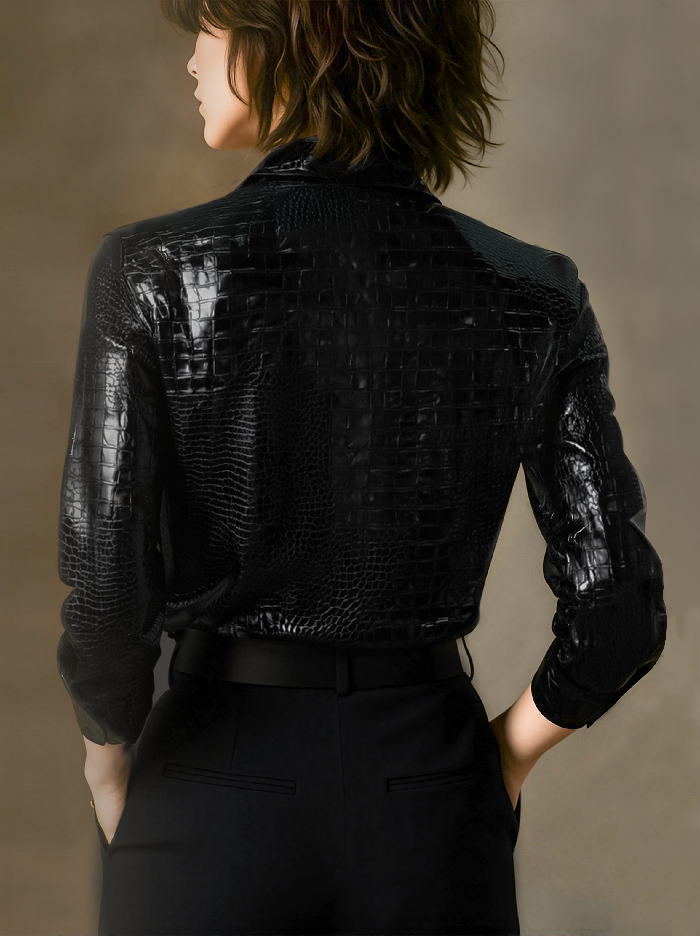 Glossy Black Crocodile Embossed Shirt MollyBoo