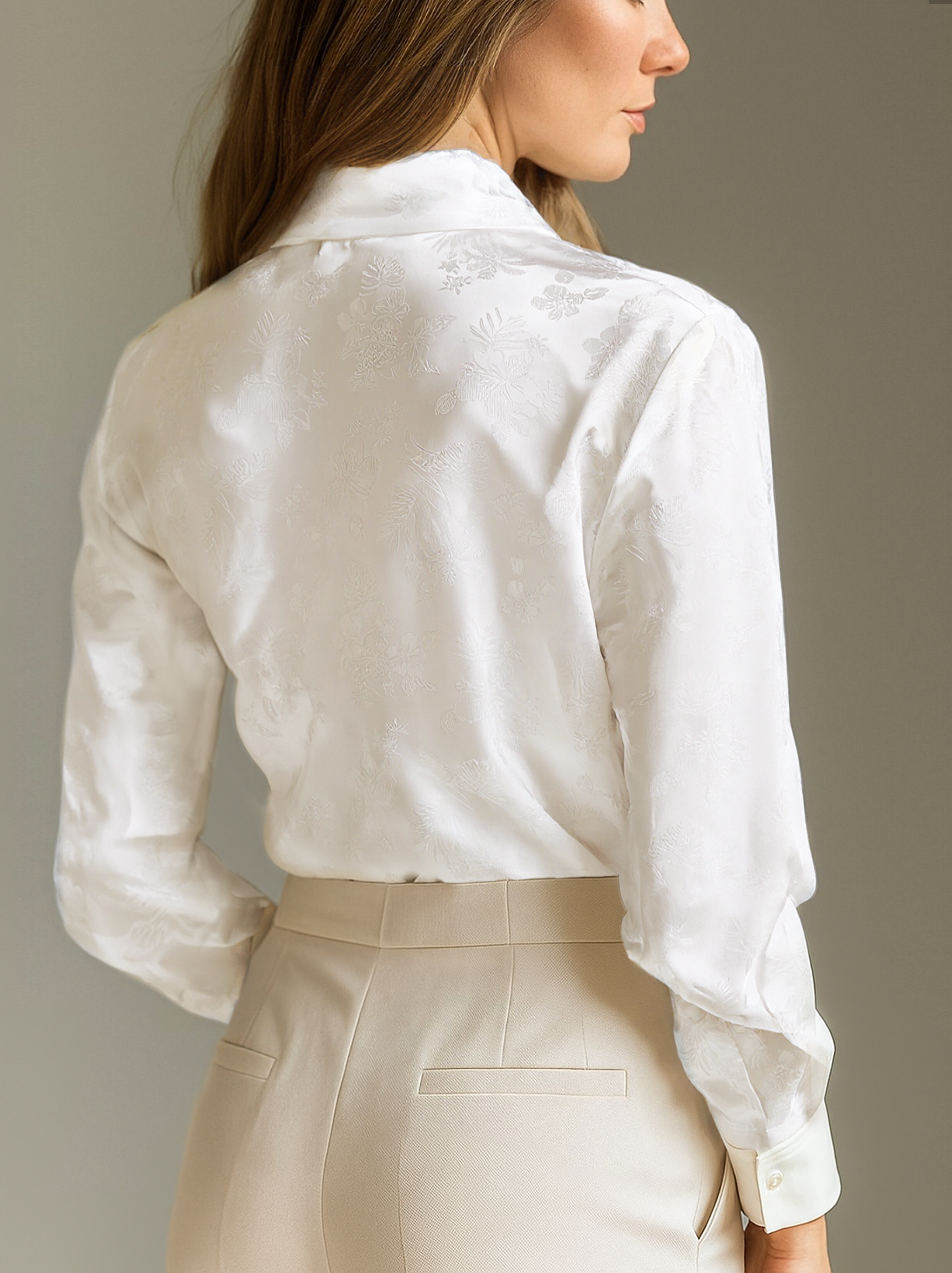 Elegant Ivory Satin Jacquard Shirt MollyBoo