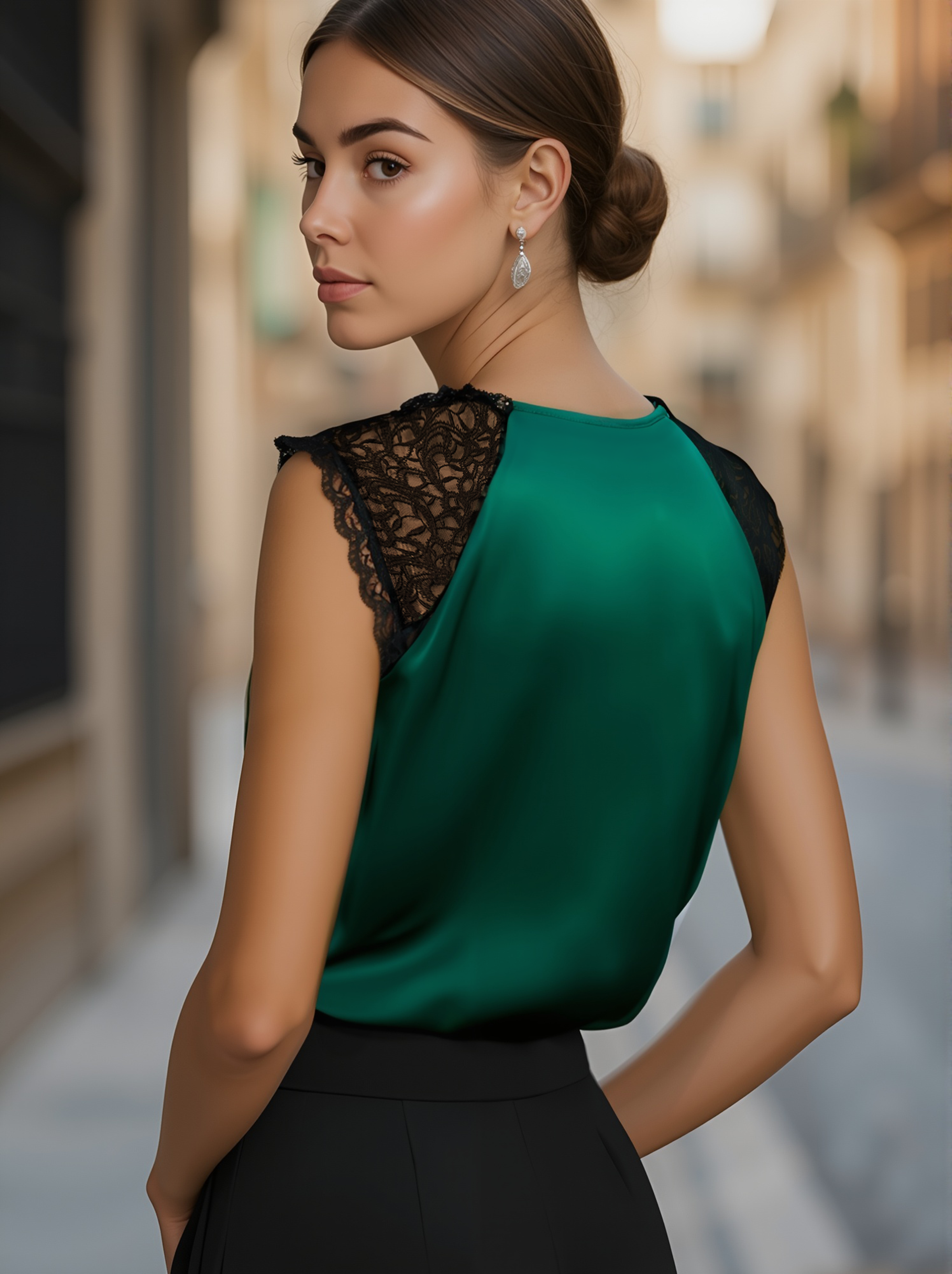 Deep V-Neck Satin Blouse with Lace Details - Emerald Allure MollyBoo