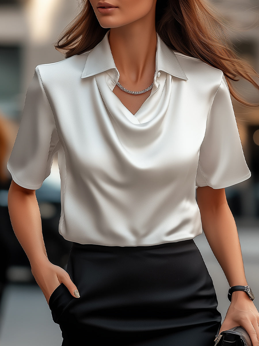 Classic White Satin Blouse with Draped Neckline MollyBoo