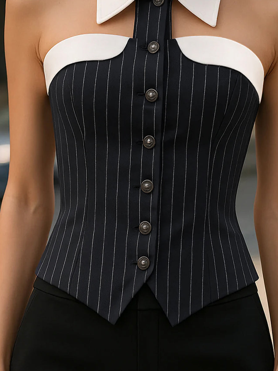 Pinstripe Top With Contrast Collar And Button Front MollyBoo
