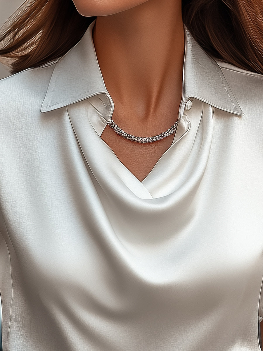 Classic White Satin Blouse with Draped Neckline MollyBoo