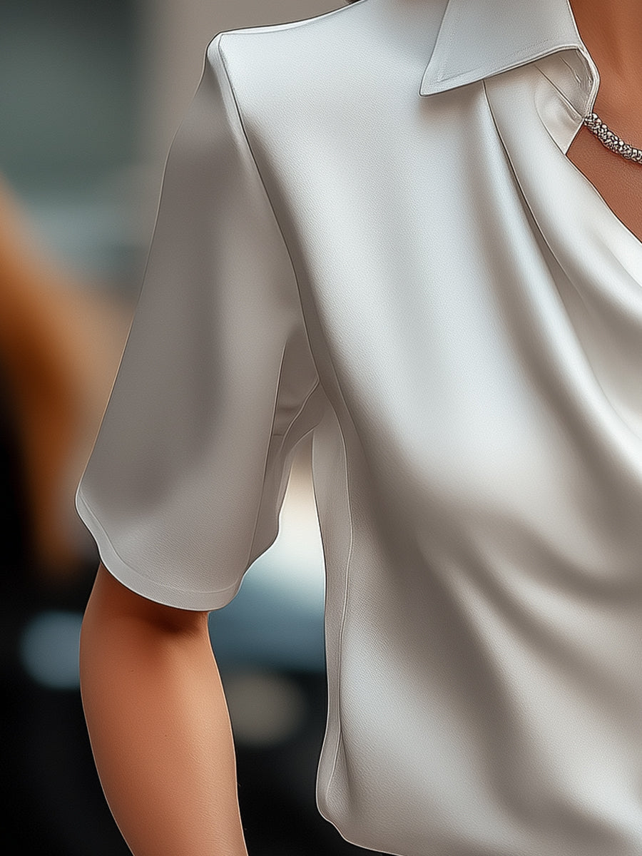 Classic White Satin Blouse with Draped Neckline MollyBoo