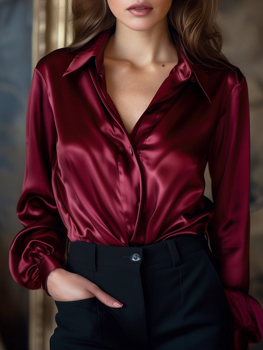 Elegant Black Satin Long Sleeves Blouse MollyBoo