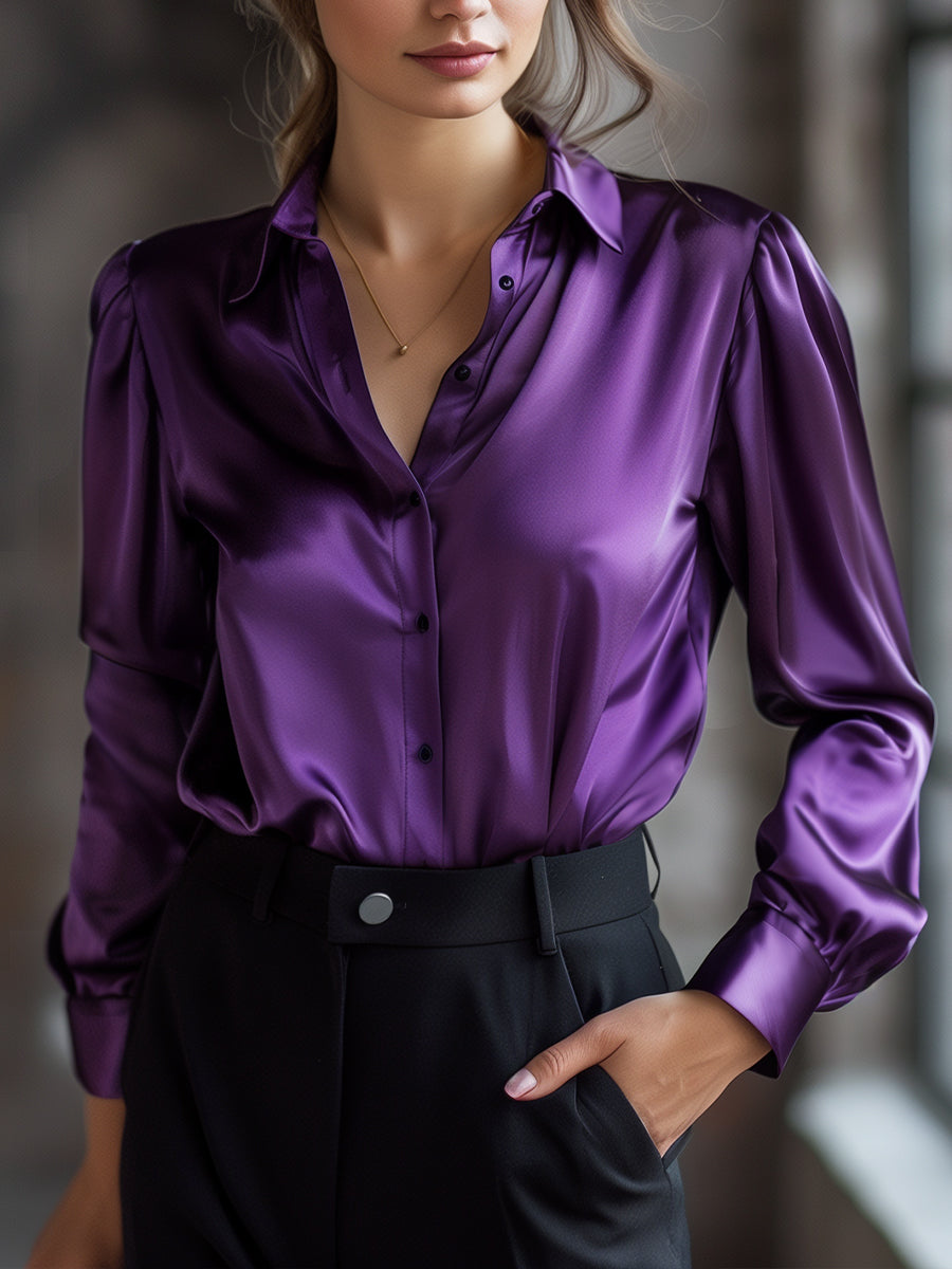 Elegant Black Satin Long Sleeves Blouse MollyBoo