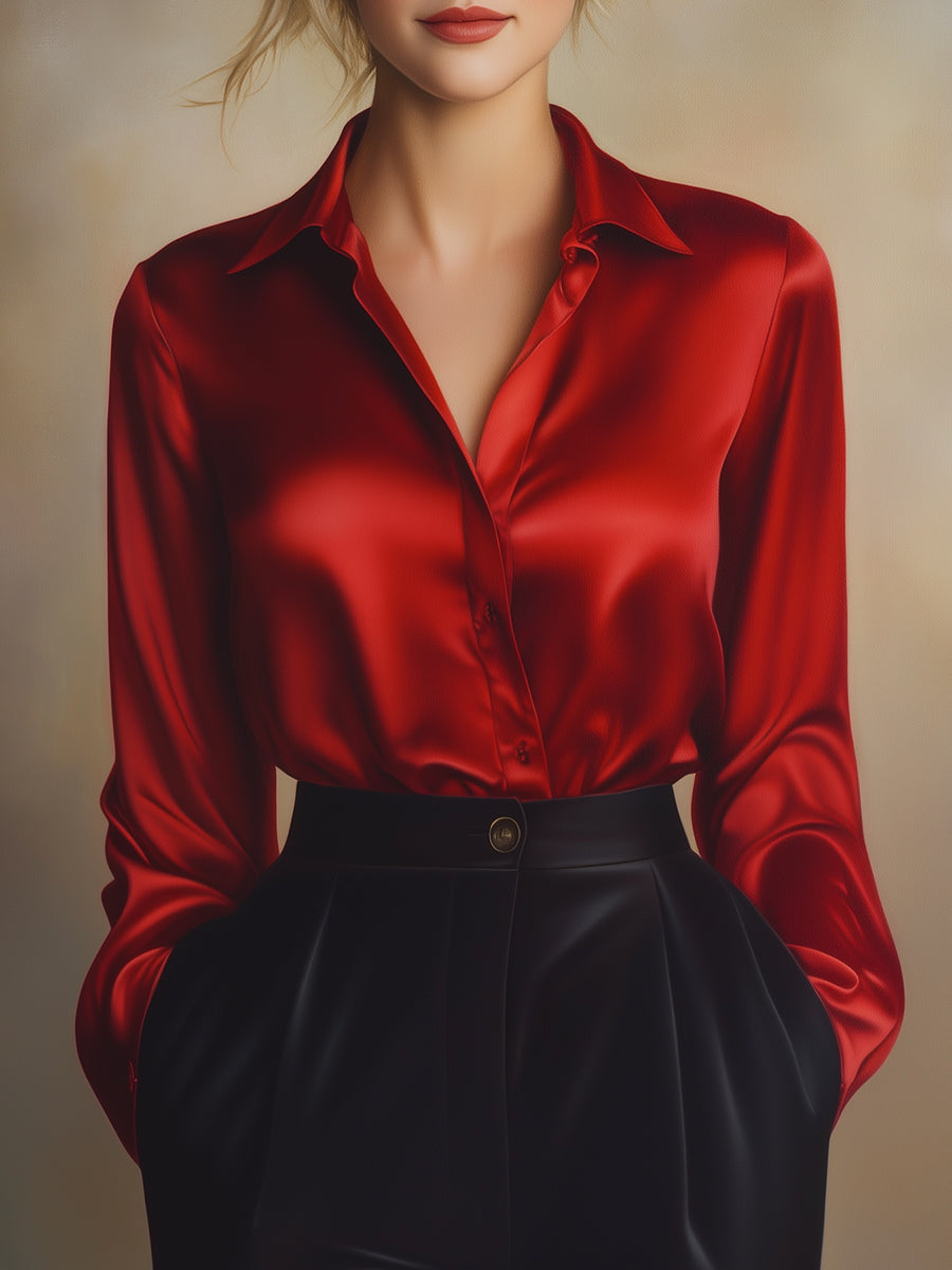 Elegant Black Satin Long Sleeves Blouse MollyBoo