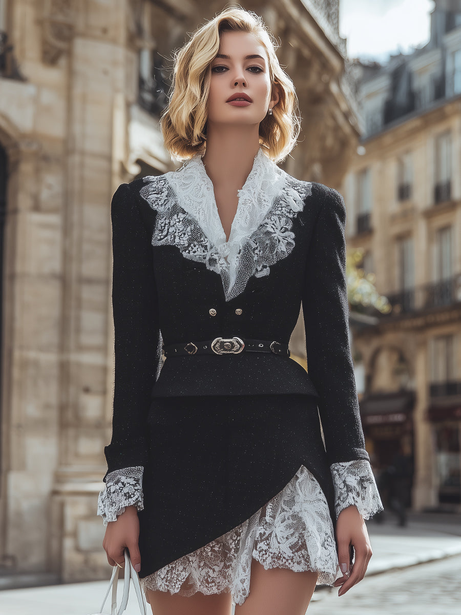 Black Lace-Trimmed Tweed Mini Skirt Suit With Belted Waist MollyBoo