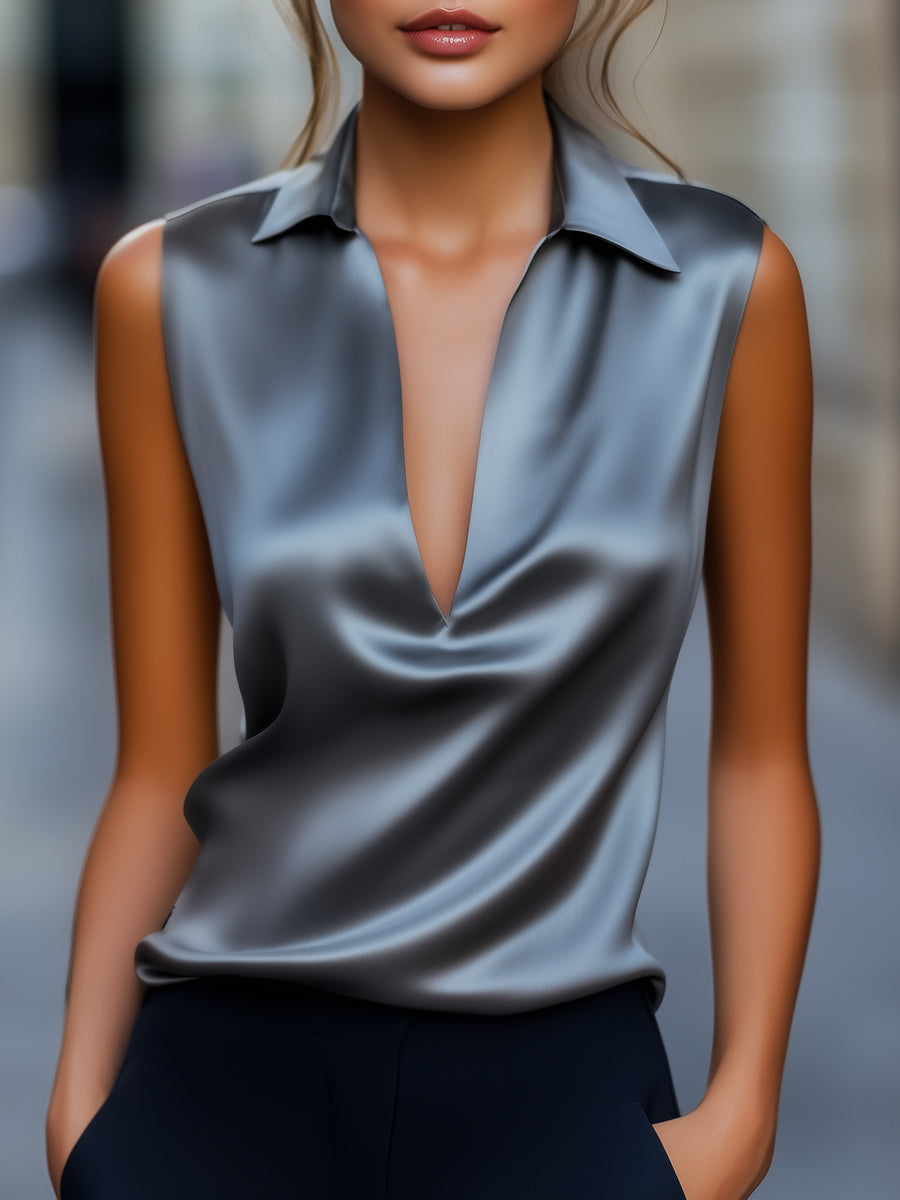 Sleek Gray Satin Plunge Neck Top MollyBoo
