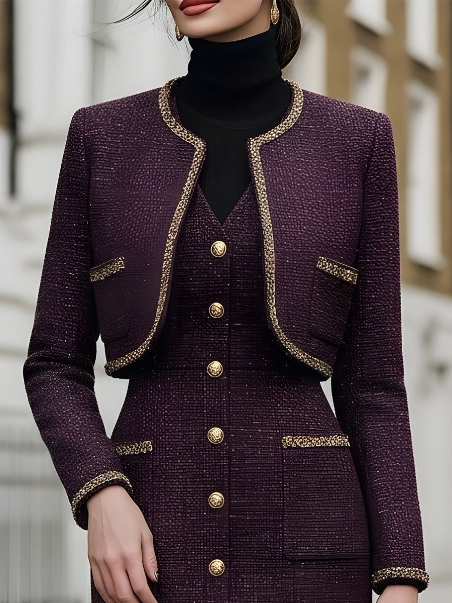 Tweed Jacket And Sleeveless Dress Set With Gold Button Accents MollyBoo