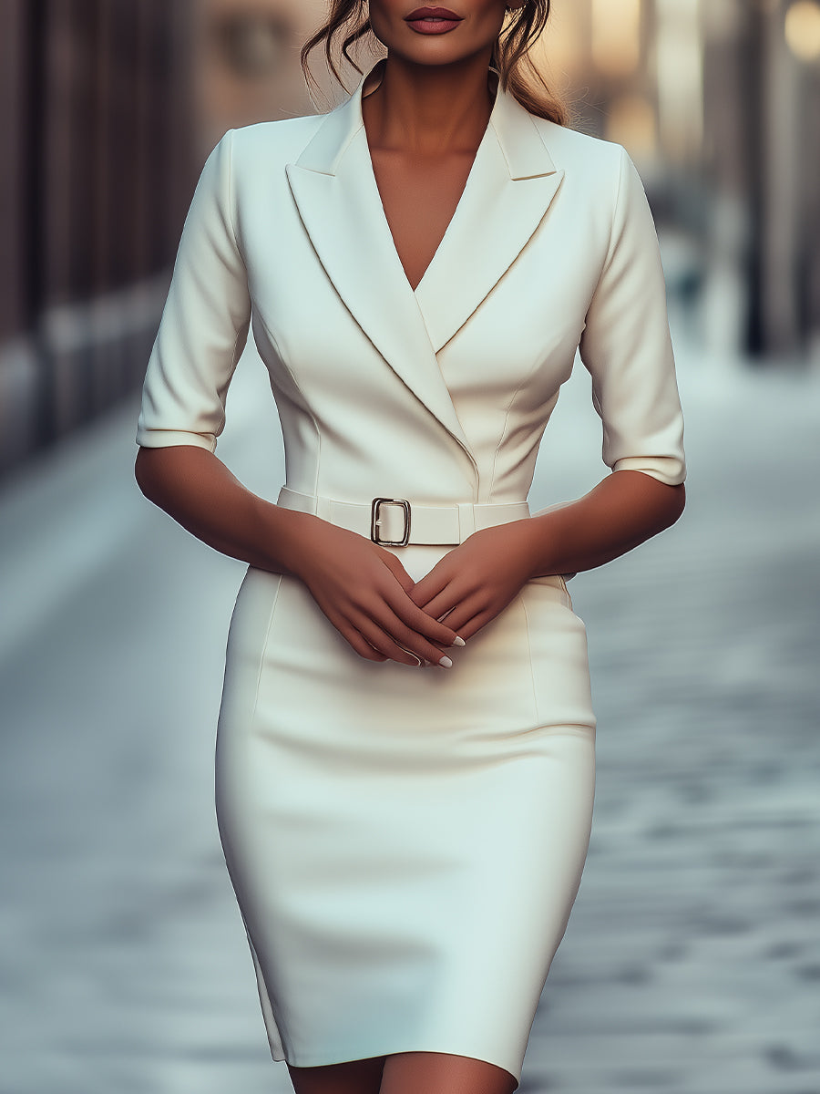 Sophisticated White Tailored Blazer Dress with Belt MollyBoo