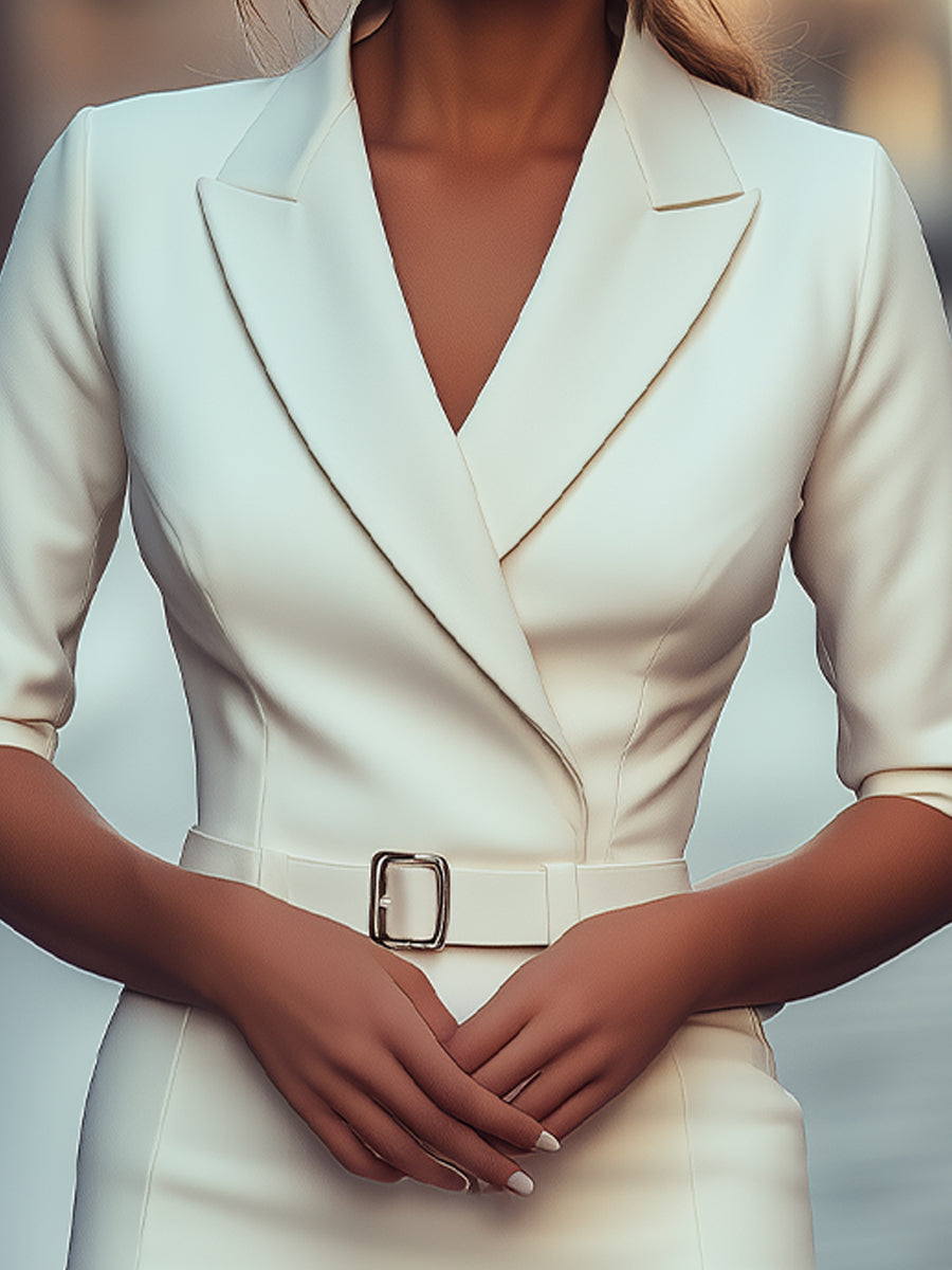 Sophisticated White Tailored Blazer Dress with Belt MollyBoo