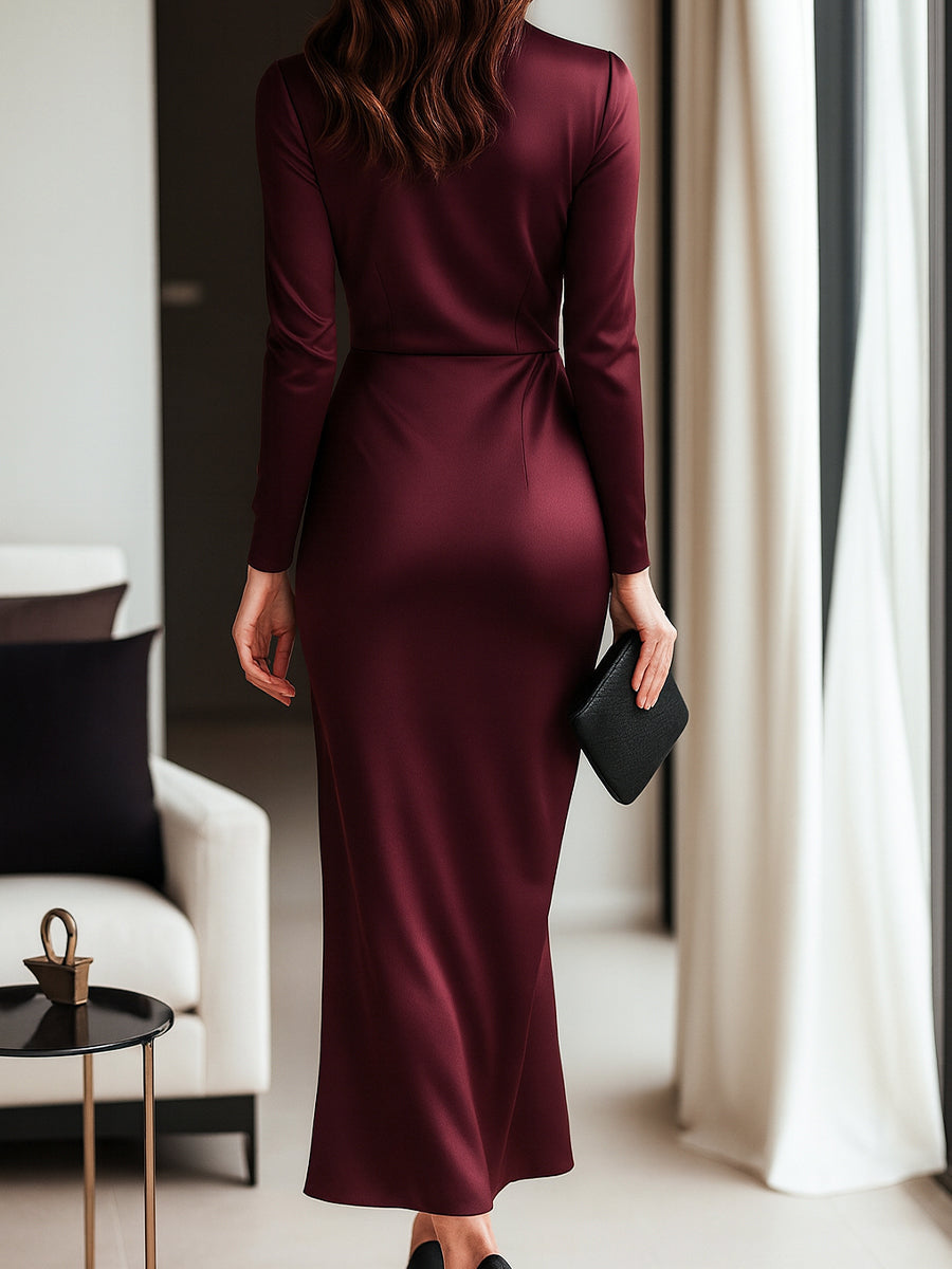 Timeless Burgundy Satin Wrap Dress with Waist Tie Detail MollyBoo