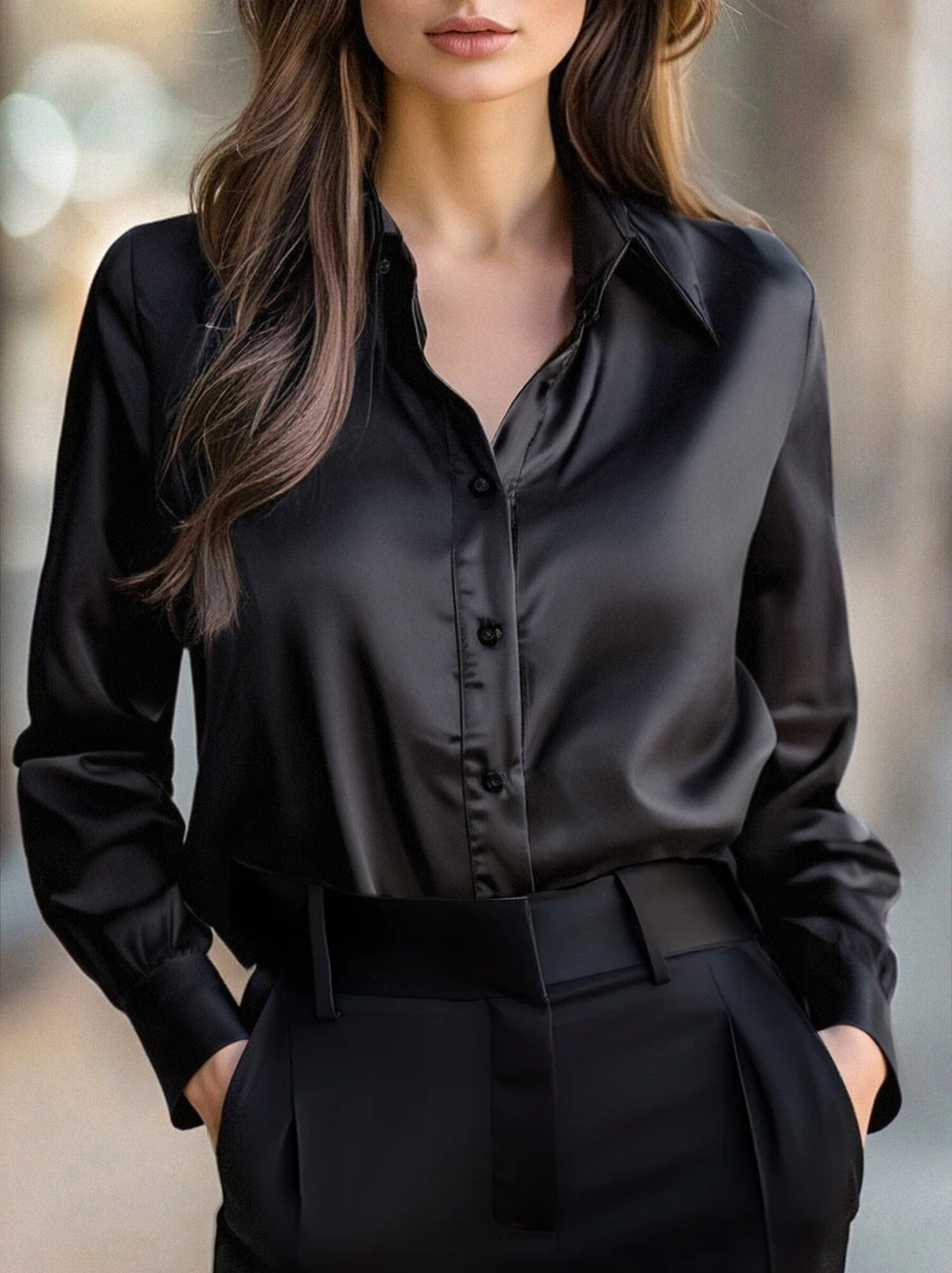 Elegant Black Satin Long Sleeves Blouse MollyBoo