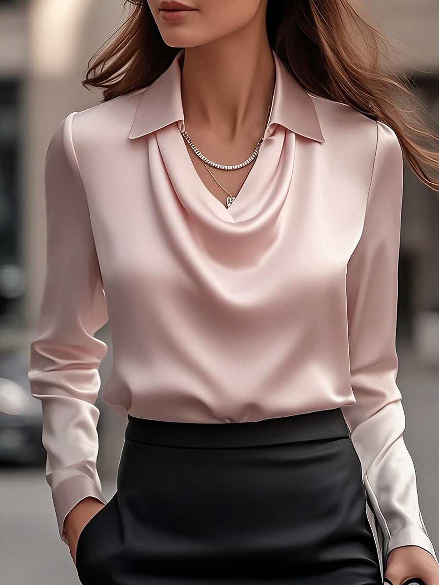 Elegant White Satin Blouse with Draped Neckline MollyBoo