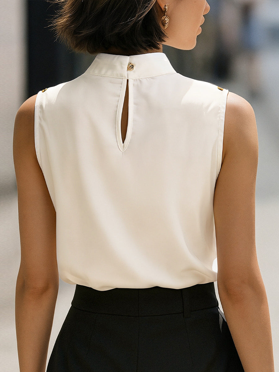 Elegant Ivory High-Neck Sleeveless Satin Blouse MollyBoo