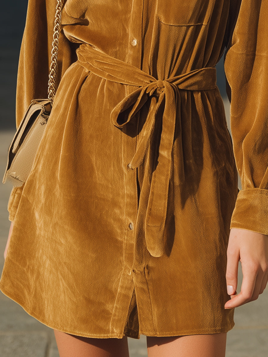 Camel Velvet Mini Shirt Dress MollyBoo