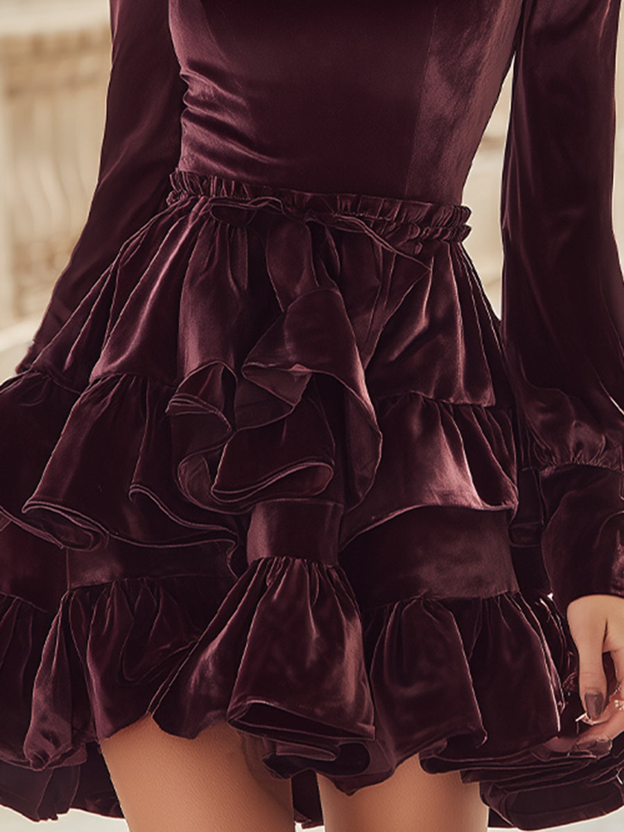 Burgundy Velvet Ruffled Mini Dress MollyBoo