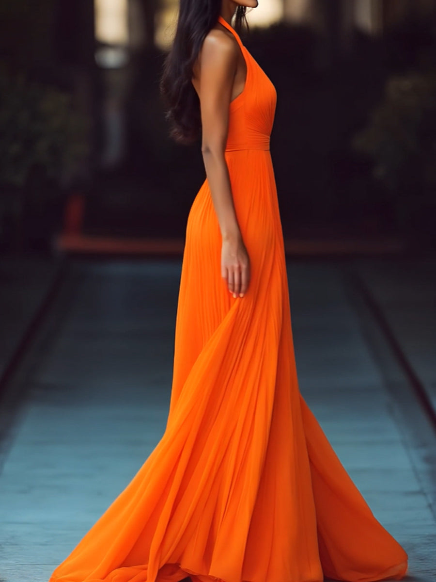 V-neck Halter Pleat Maxi Dress MollyBoo