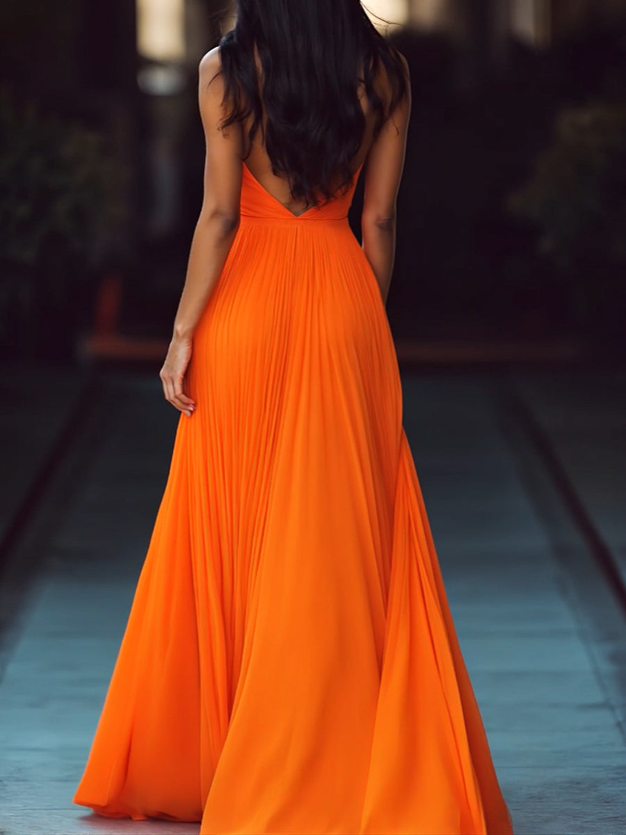 V-neck Halter Pleat Maxi Dress MollyBoo