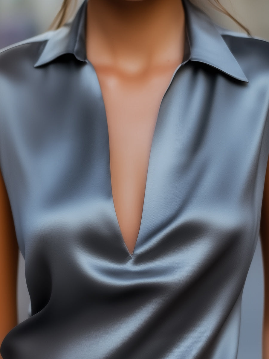 Sleek Gray Satin Plunge Neck Top MollyBoo