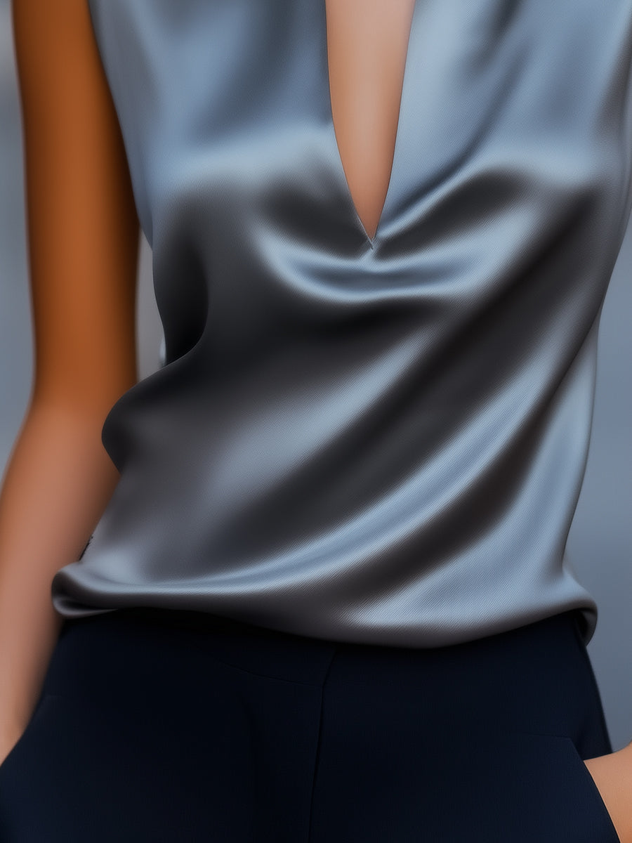 Sleek Gray Satin Plunge Neck Top MollyBoo