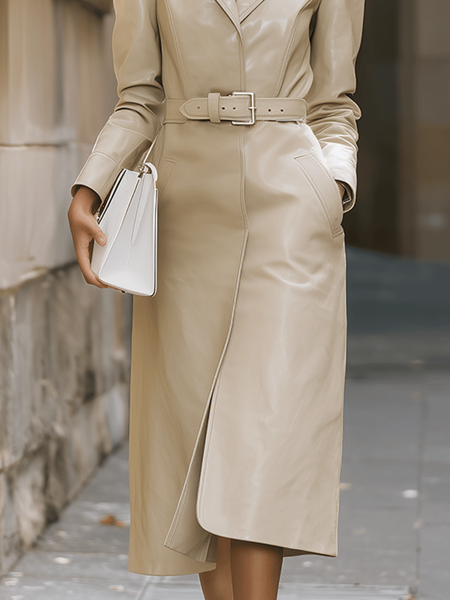 Beige Faux Leather Belted Trench Dress MollyBoo