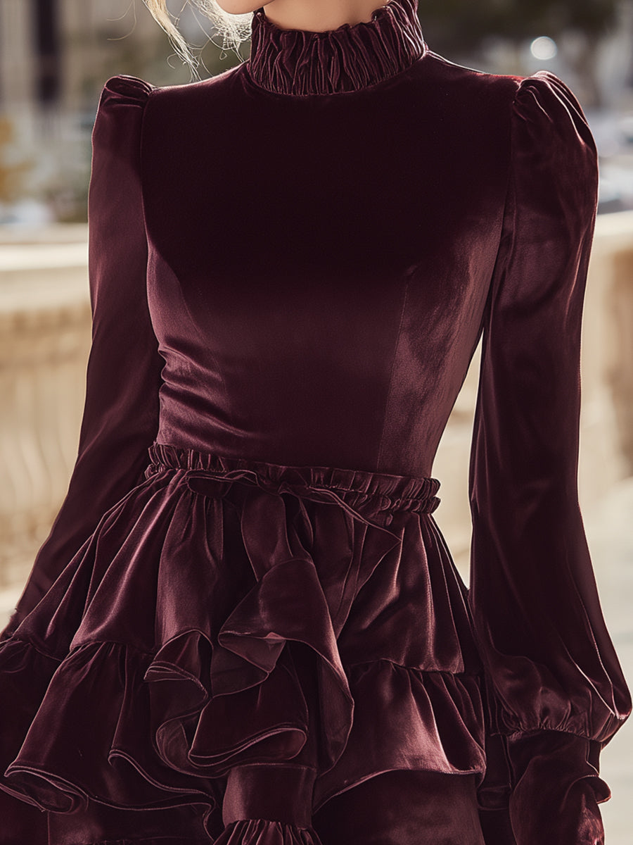 Burgundy Velvet Ruffled Mini Dress MollyBoo