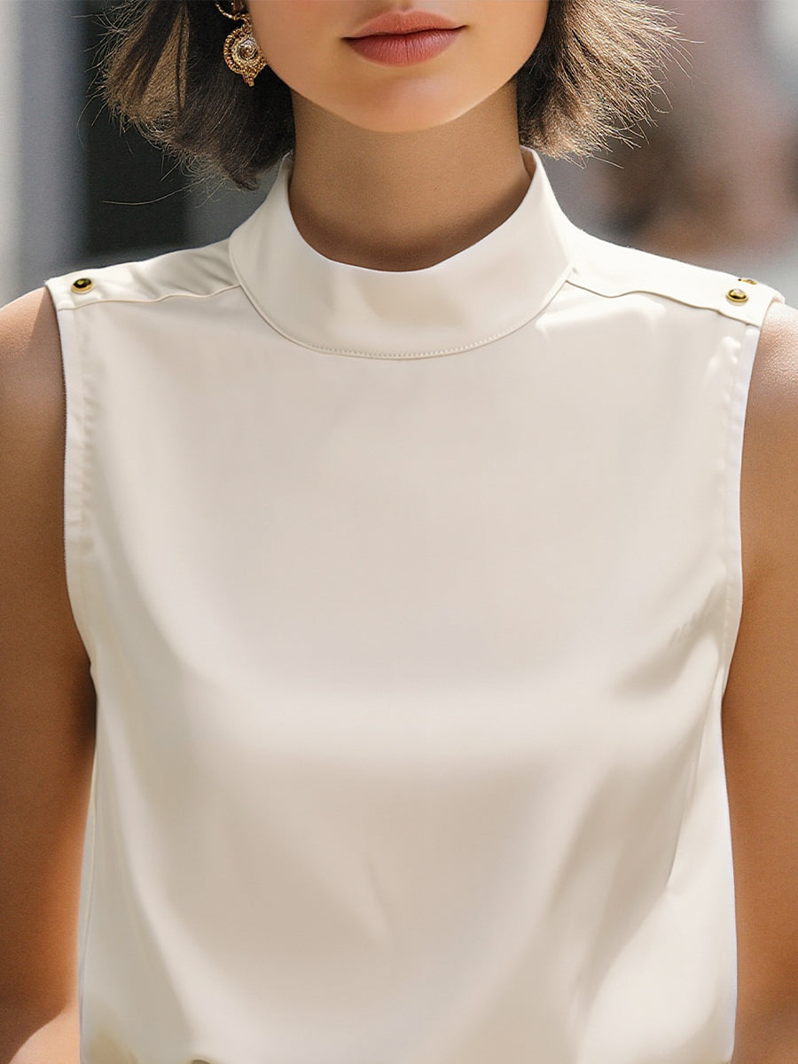 Elegant Ivory High-Neck Sleeveless Satin Blouse MollyBoo