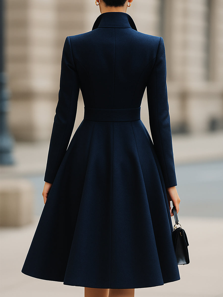 Elegant Navy Blue Tailored Fit Flared Coat Dress MollyBoo