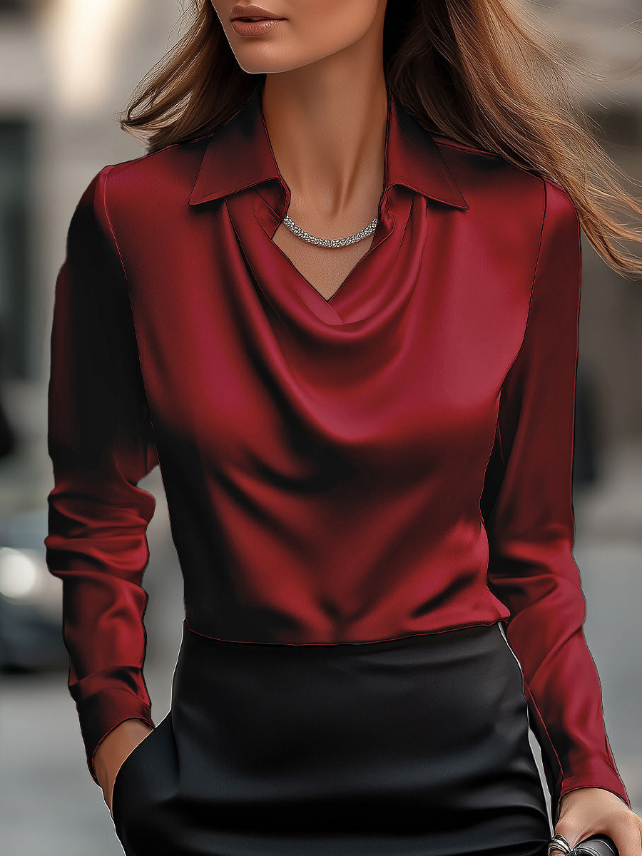 Elegant White Satin Blouse with Draped Neckline MollyBoo