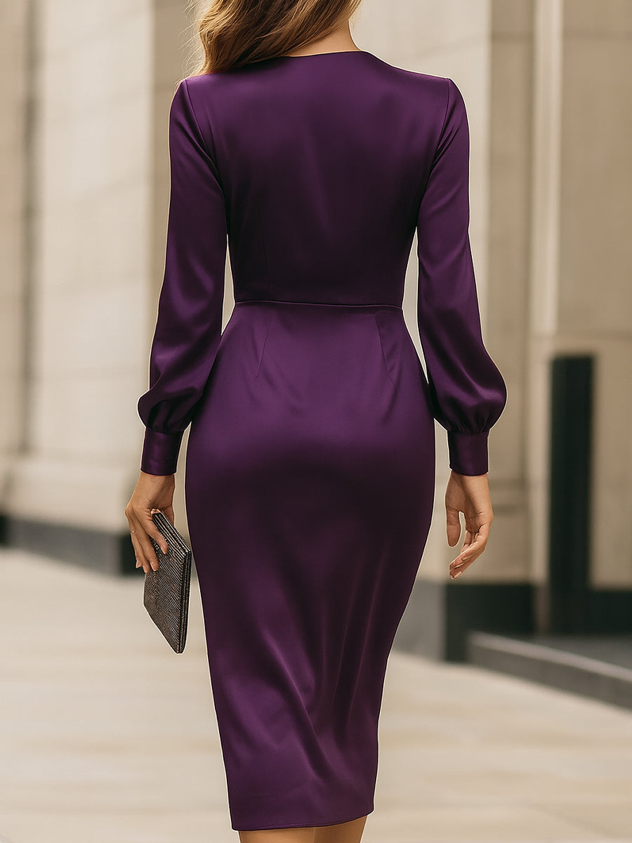 Deep Plum Satin Wrap Midi Dress MollyBoo